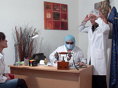 Horny chick Joyce Mifle gets drilled by two doctors in the office