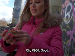 The blonde girl skillfully sucks a guy's cock with her mouth