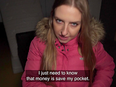 The blonde girl skillfully sucks a guy's cock with her mouth