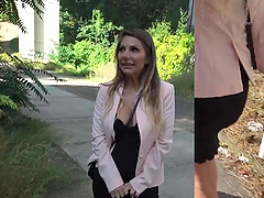 Horny white girl fucks with her black boyfriend outdoors for cash