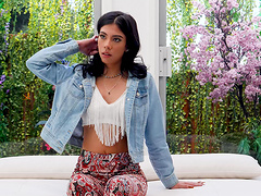 Beautiful woman with natural boobs pleases her man while he is face fucked