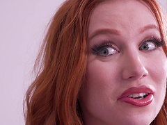 Redhead girl Madison Morgan drops on her knees to give head