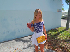 Skinny blonde Emma Bugg enjoys riding a dick in the back of the car