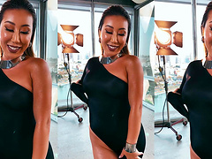 Asian girl Nicole Doshi gets naked and fingers her tight cunt