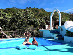 Cereza Rodriguez enjoys outdoor sex with her partner by the pool