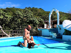 Cereza Rodriguez enjoys outdoor sex with her partner by the pool