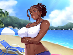 Busty black chick plays with a big white cock on the beach
