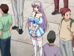 Sexy anime girl with big boobs gets naked in front of multiple guys