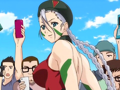 Sexy anime girl with big boobs gets naked in front of multiple guys