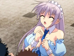 Sexy anime girl with big boobs gets naked in front of multiple guys