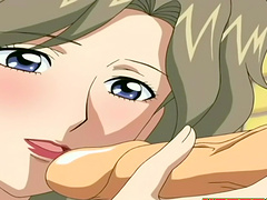 Horny anime chick spreads her legs and takes it in her shaved pussy