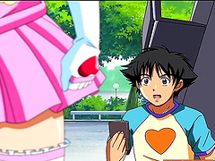 Purple haired slut gets down on her knees to suck a dick