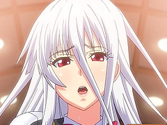 Anime slut with white hair bends over and gets fucked from behind