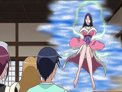 Slutty anime chick teases a guy with her big boobs and hairy pussy