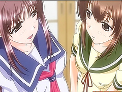 Hot brunette babe and another chick suck on the same dick