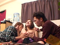 Bald pussy and big natural tits in hot threesome action