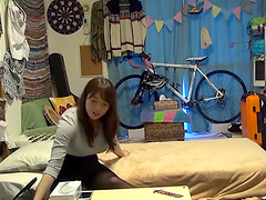 Beautiful woman Mishima Natsuko gently strokes her big natural tits