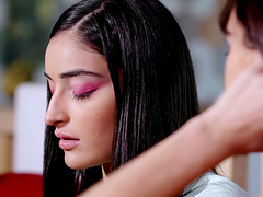 Red sofa is the perfect place for Alana Cruise & Emily to have sex