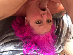 Pink haired BBW chick Sara Star gives head and gets fucked hard