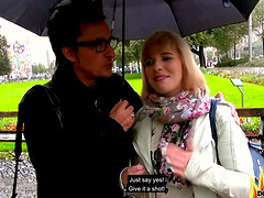 Blonde amateur Pina Deluxe plays with a toy before riding a dick