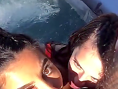 Two stunning ladies, abbie and lena, sharing a lucky guy's impressive size.