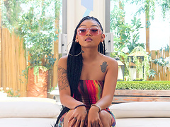 Brunette Lena with pierced nipples enjoys while sucking a dick