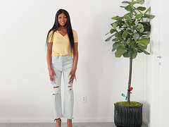 Adorable ebony Mella moans while sucking and getting fucked