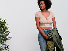 Ebony cutie Demi comes to casting to ride a large white dick