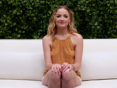 Pale blonde cutie Ashley gives head and rides a black dick - casting