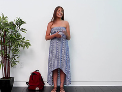 Horny brunette Aaliyah drops her dress during casting and rides a rod