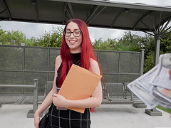 Foxy redhead Leo Babe takes money and gets fucked in the van