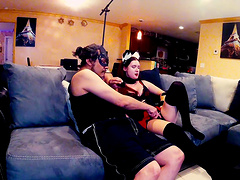 Amateur fucking on the sofa with a horny babe in black stockings