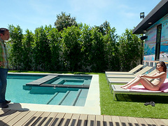 Naughty chick Dharma Jones sunbathes and gets fucked by the pool