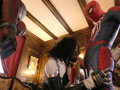 White guys team up to fuck all holes of ebony Ana Foxxx in latex