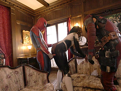 White guys team up to fuck all holes of ebony Ana Foxxx in latex