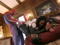 White guys team up to fuck all holes of ebony Ana Foxxx in latex