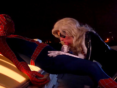 Masked hottie Jazy Berlin blows and rides the lucky Spiderman