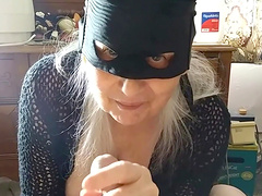 Masked granny drops on her knees to suck a small dick in POV video