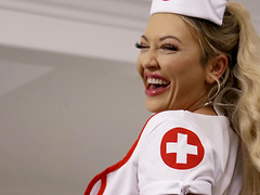 Seductive blonde nurse Adira Allure bends over for a black dick