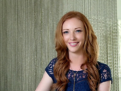 Redhead babe gives a sloppy blowjob before getting clothed fucked