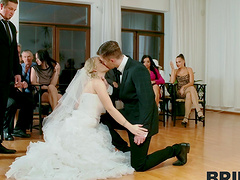 Dirty bride Kristy Waterfall rides a cock while people watch