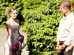 Long-haired beauty gets her bra ripped off in threesome sex session