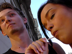 Natural tits and shaved pussy get a handjob from her lover