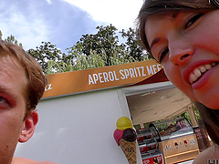 Shaved pussy stranger Susan Ayn spreads legs to ride a dick outdoors