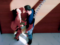 Maya Woulfe wearing stockings having fun while sucking a dick