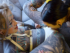 Kinky slut Nux Vomica fucking Anuskatzz with a strap on toy