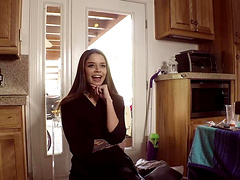 Skinny girl strips down and plays with a hard black cock