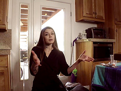 Skinny girl strips down and plays with a hard black cock