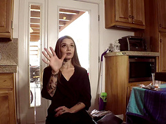 Skinny girl strips down and plays with a hard black cock