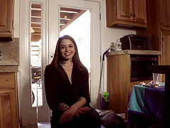 Skinny girl strips down and plays with a hard black cock